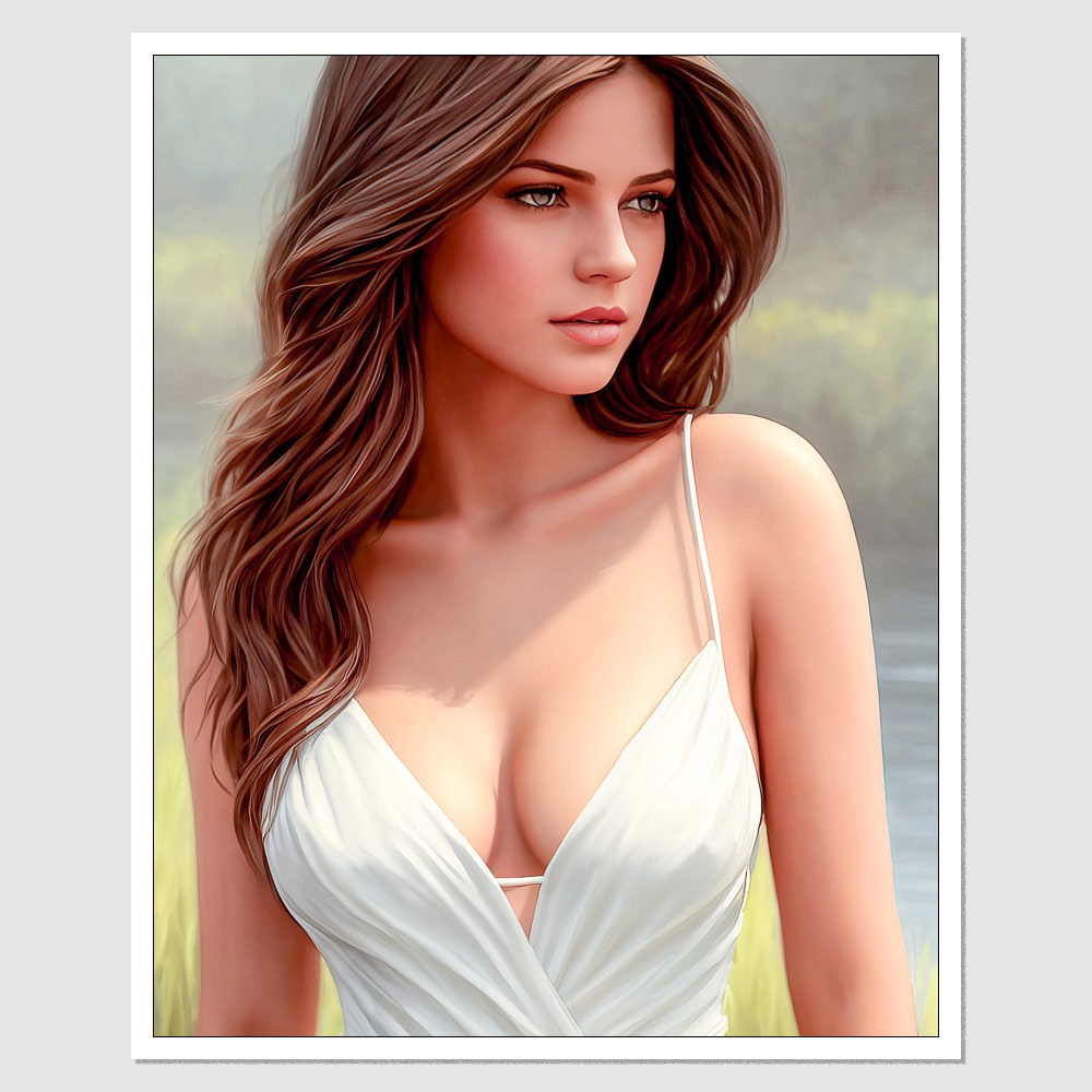 SD-02686 A Painting Of A Woman In A White Dress, A Photorealistic Painting,  Featured On , Inspired By Sexy Girl With Dark Brown Hair, Halter Neck, Art  For The Game, Beautiful Lake