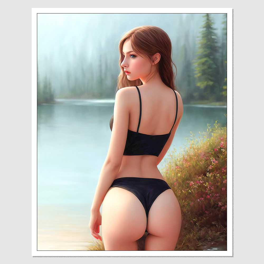 SD-03032 A Painting Of A Woman In A Black Bikini, A Photorealistic Painting, Fantasy Art, inspired by Belle Delphine, Lovely Valley, Lake, Taken From Behind, Young Beautiful inspired by Amouranth, Beautiful Necromancer pic