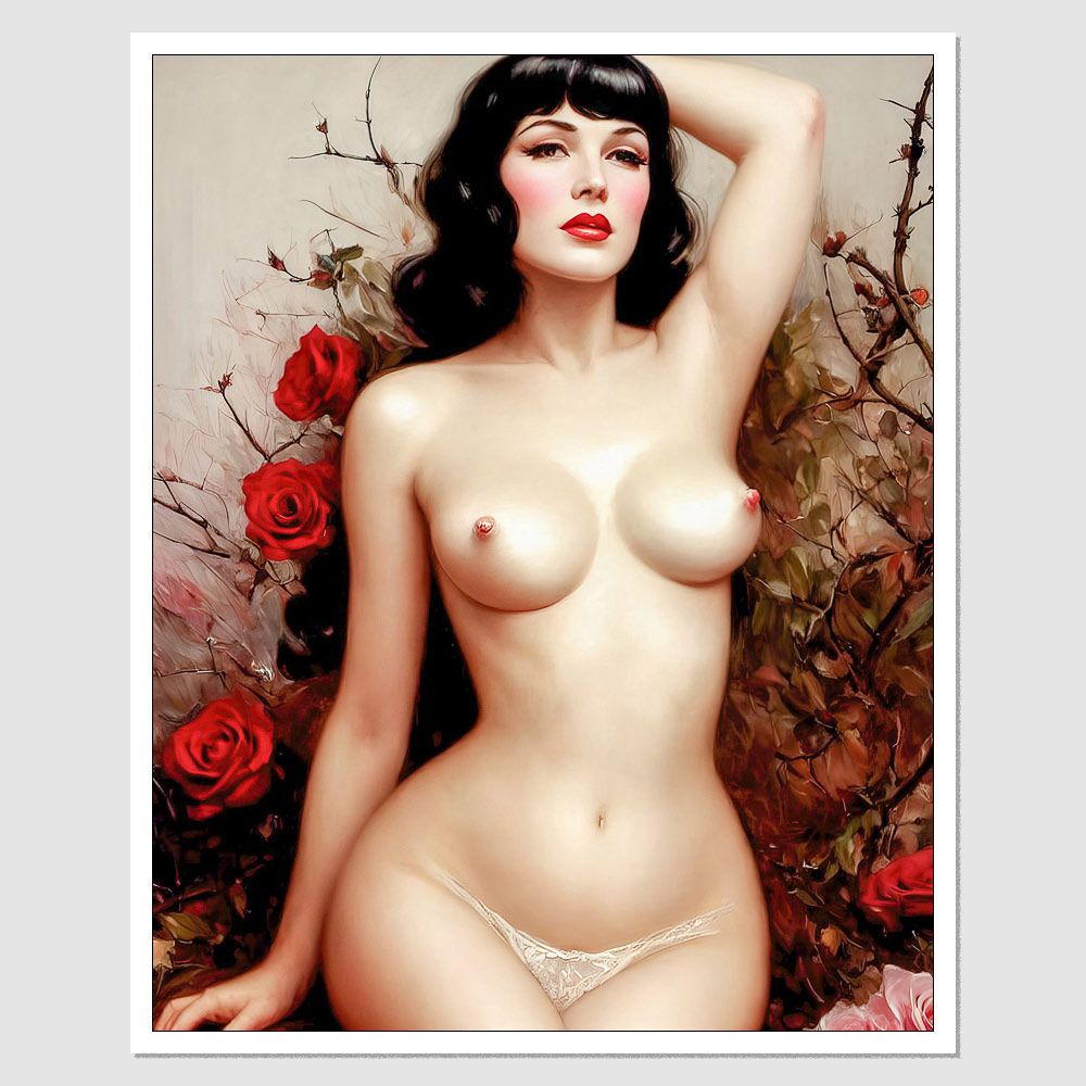 Dark Latin Girl Nude - SD-03996 A Painting Of A Naked Nude Woman With Roses In The Background,  inspired by Rick Amor, Pale Snow White Skin, Large Hips, Dark Pinup Style  Hair, Latina Skin, Pale Woman Covered