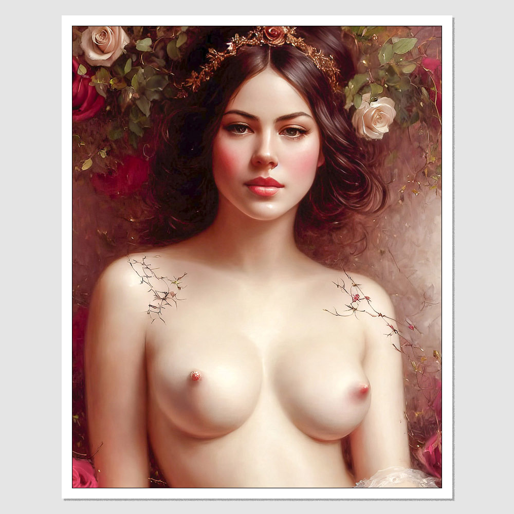 SD-04040 A Painting Of A Naked Nude Woman Surrounded Flowers, inspired by  Dino Valls, Figurative Art, Chinese Princess, Wax, Red Magic Surrounds Her,  Pale White Skin, Drawn In The Style Of Mark