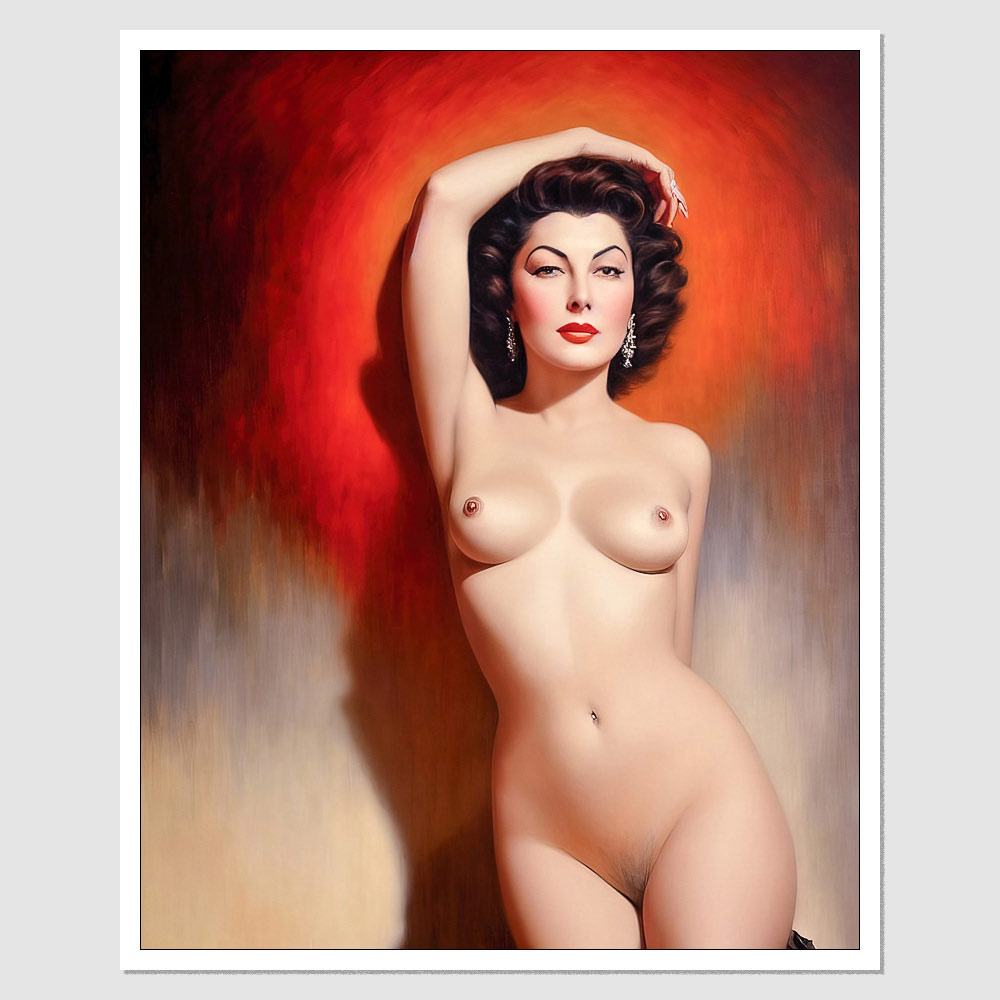 SD-06676 Ava Gardner A Painting Of A Naked Nude Woman Posing For A Picture,  An Art Deco Painting, Rick Amor, Wearing War Paint, Pompadour, Reddish  Lighting, Art Of Silverfox, Black Hair In