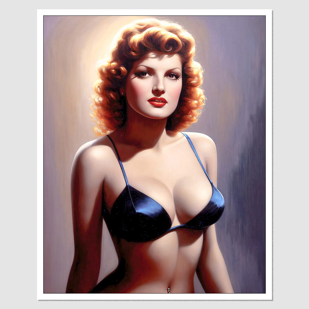 SD-06823 Rita Hayworth A Painting Of A Woman In A Black Bikini, An Oil  Painting, inspired by Art Frahm, Trending On , Wavy Big Red Hair, Cobalt,  Wide Lips And Kind Blue