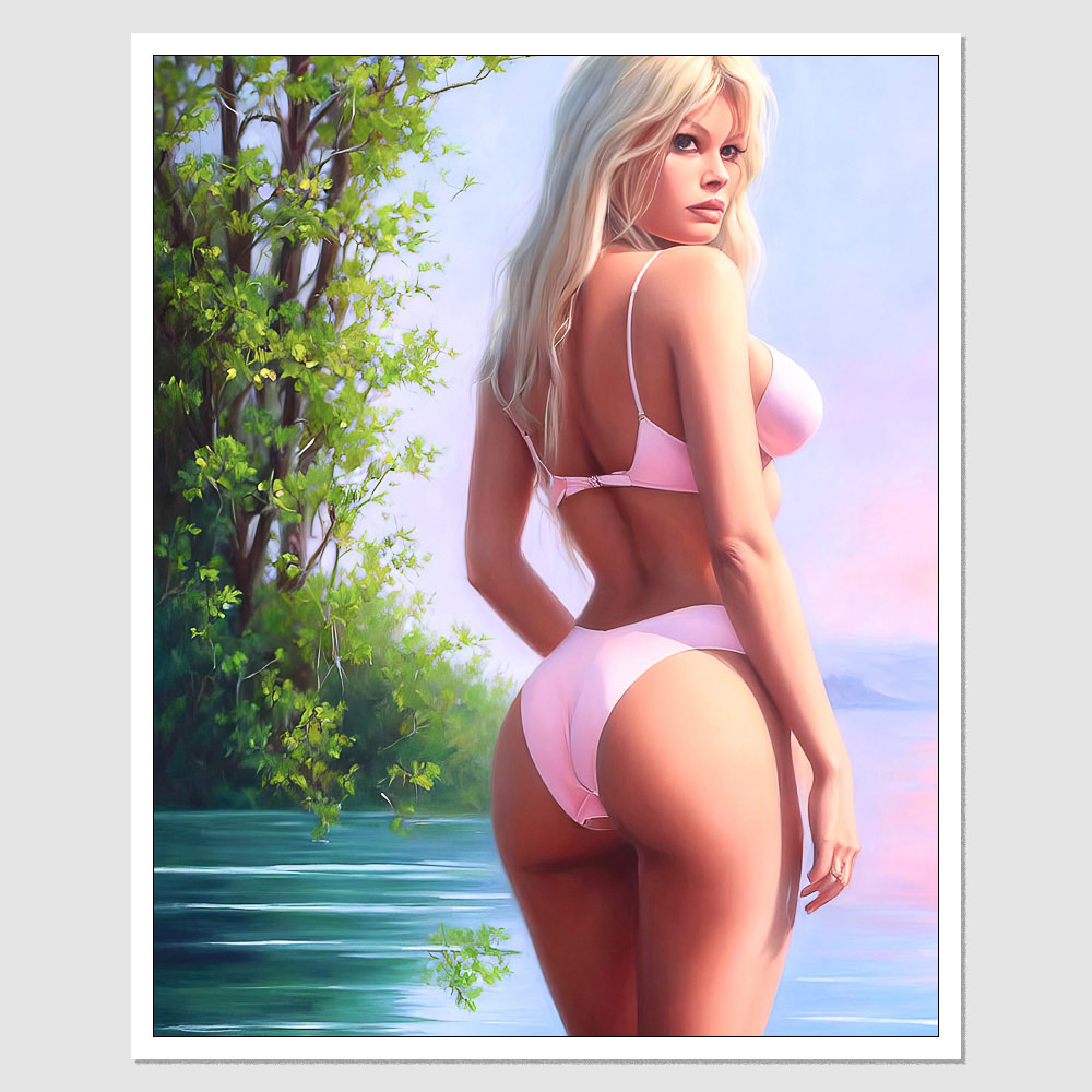 SD-07997 Brigitte Bardot A Painting Of A Woman In A Pink Bikini, inspired by Ron English, Trending On , Light Platinum Long Blond Hair, inspired by Kanye, Big Booty, Photorealistic Landscape, inspired