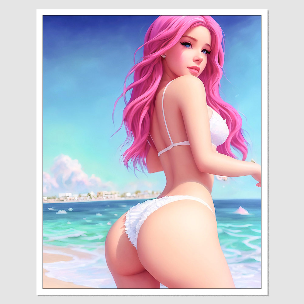 SD-12599 Belle Delphine A Woman With Pink Hair Standing On A Beach, inspired by Jan Tengnagel, Bending Over, Nightcore, Hot And Sunny Highlydetailed, Very Anime, Cheeky Devil, Thick Paint, Realistic Cartoon, Live2D,